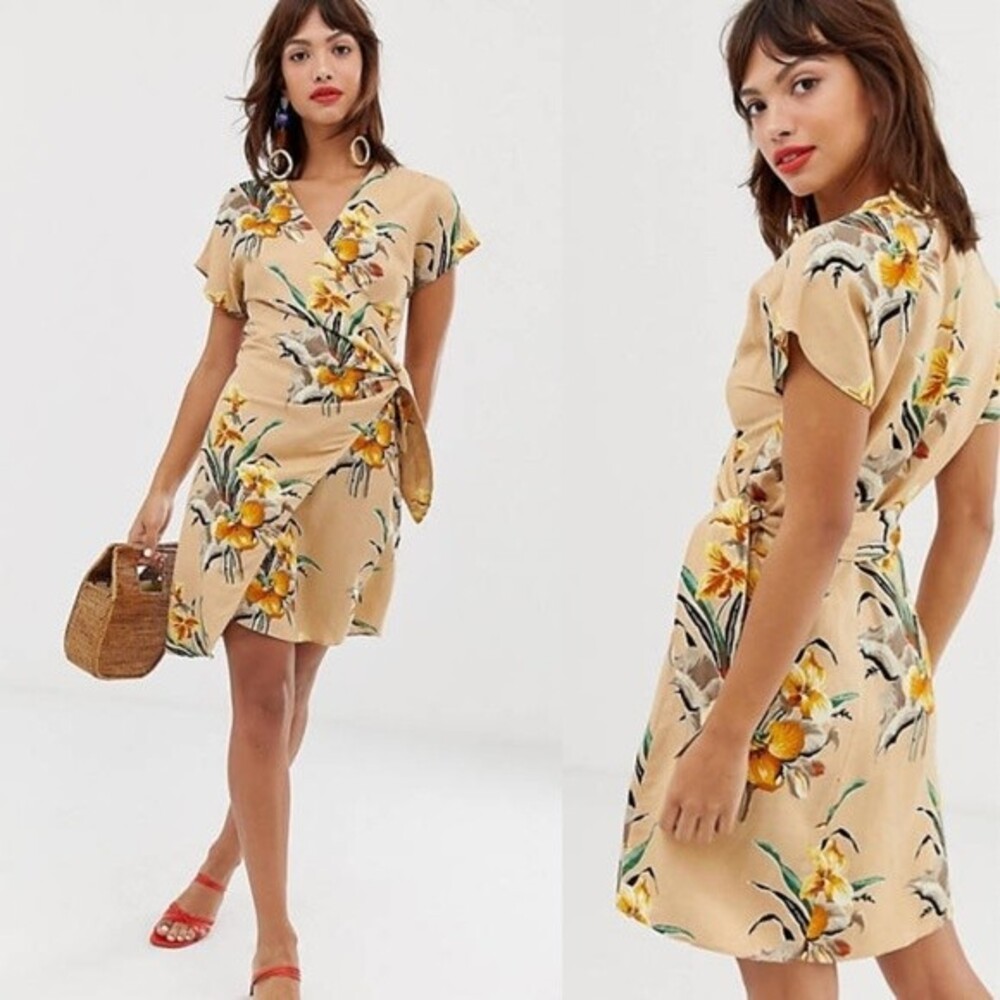 & Other Stories Linen Blend Wrap Mini Dress Tropical Flower Floral Print XS 2
